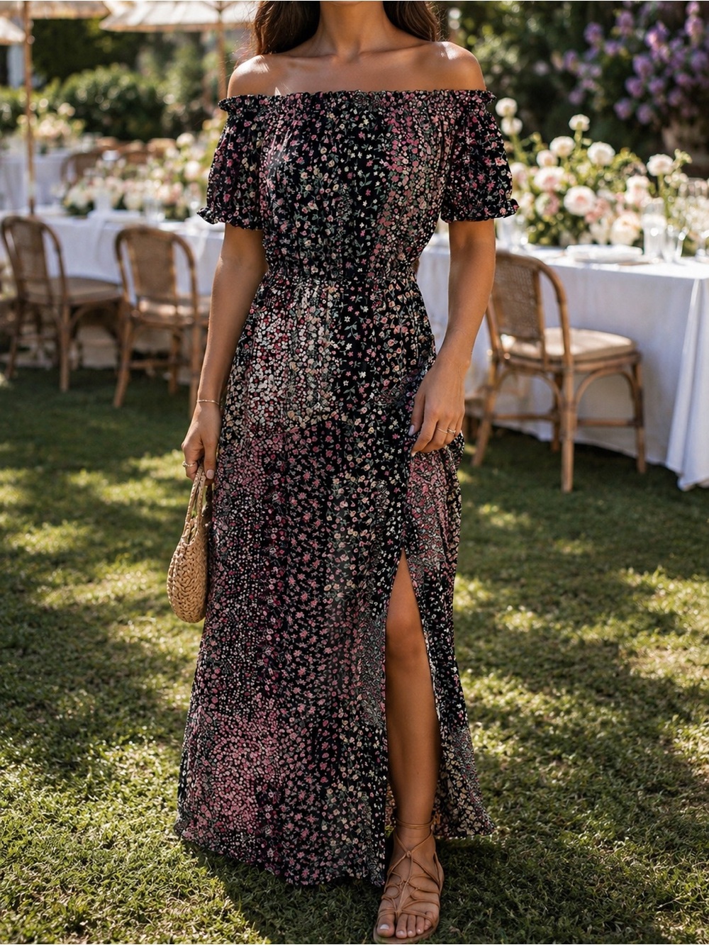 Lulu's NWT - Black Off-Shoulder Floral Maxi Dress with Pink Accents